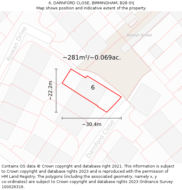 6, DARNFORD CLOSE, BIRMINGHAM, B28 0YJ: Plot and title map