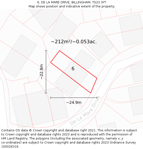 6, DE LA MARE DRIVE, BILLINGHAM, TS23 3YT: Plot and title map