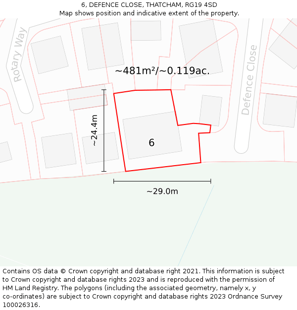 6, DEFENCE CLOSE, THATCHAM, RG19 4SD: Plot and title map