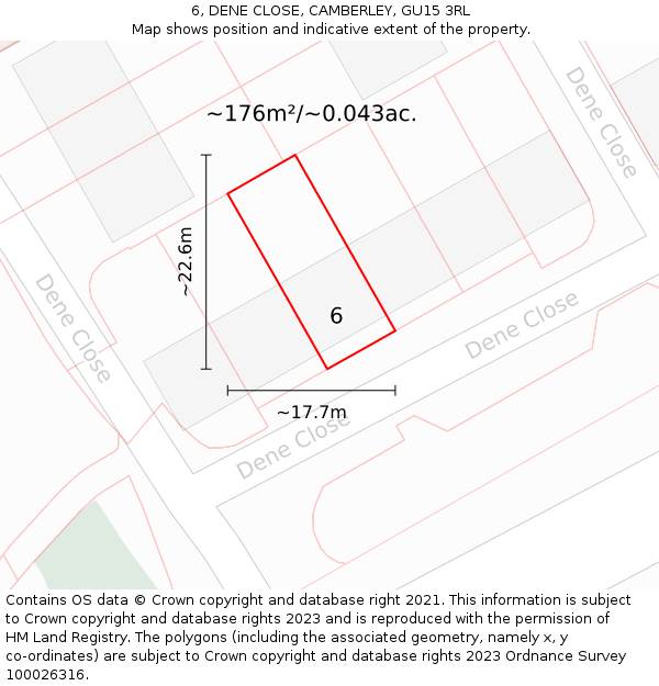 6, DENE CLOSE, CAMBERLEY, GU15 3RL: Plot and title map