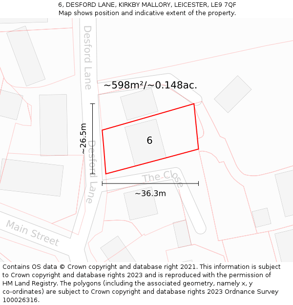 6, DESFORD LANE, KIRKBY MALLORY, LEICESTER, LE9 7QF: Plot and title map