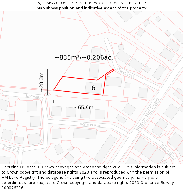 6, DIANA CLOSE, SPENCERS WOOD, READING, RG7 1HP: Plot and title map