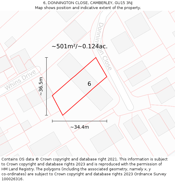 6, DONNINGTON CLOSE, CAMBERLEY, GU15 3NJ: Plot and title map