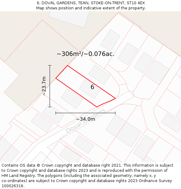 6, DOVAL GARDENS, TEAN, STOKE-ON-TRENT, ST10 4EX: Plot and title map