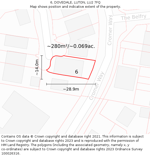 6, DOVEDALE, LUTON, LU2 7FQ: Plot and title map