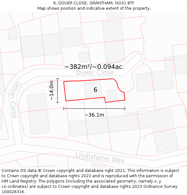 6, DOVER CLOSE, GRANTHAM, NG31 8TF: Plot and title map