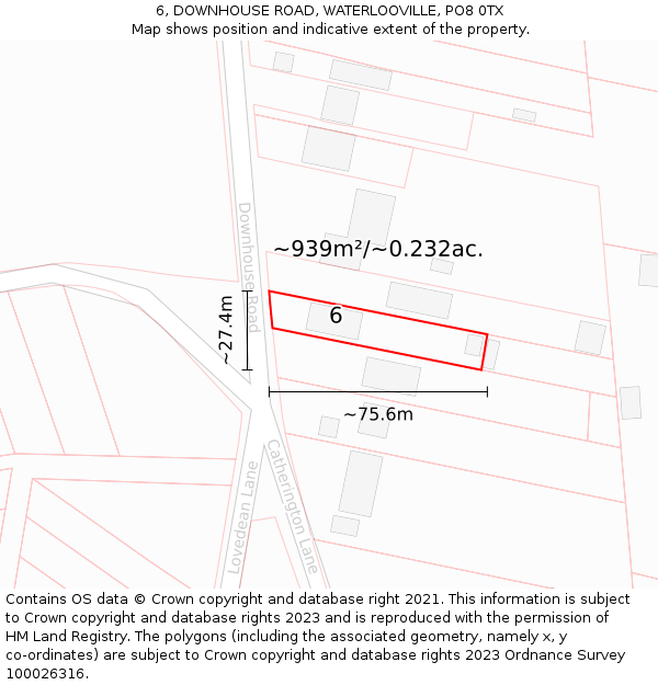 6, DOWNHOUSE ROAD, WATERLOOVILLE, PO8 0TX: Plot and title map