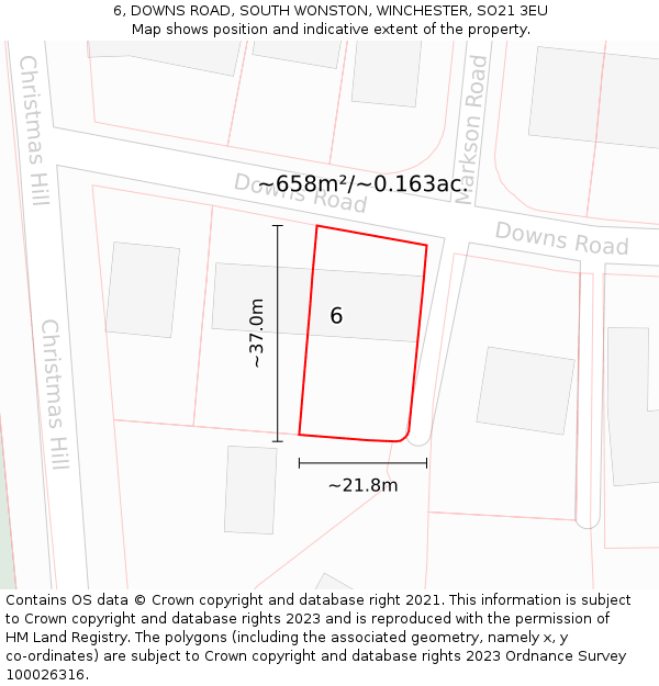 6, DOWNS ROAD, SOUTH WONSTON, WINCHESTER, SO21 3EU: Plot and title map