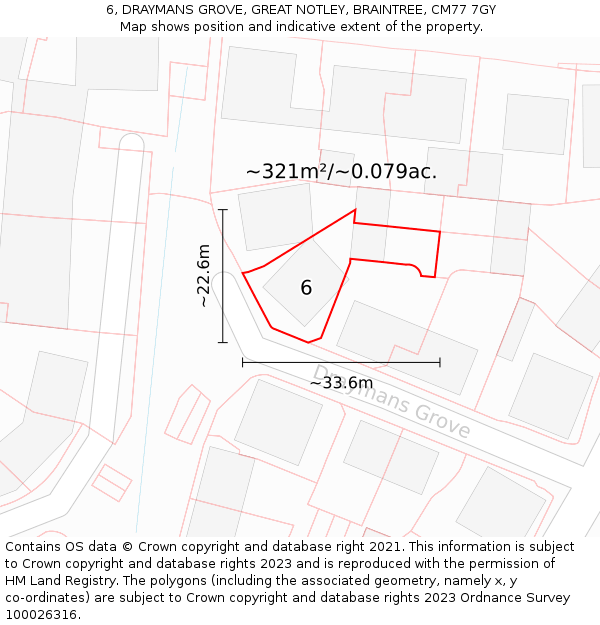 6, DRAYMANS GROVE, GREAT NOTLEY, BRAINTREE, CM77 7GY: Plot and title map