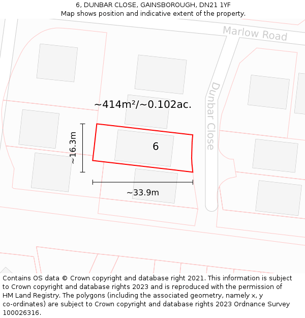 6, DUNBAR CLOSE, GAINSBOROUGH, DN21 1YF: Plot and title map