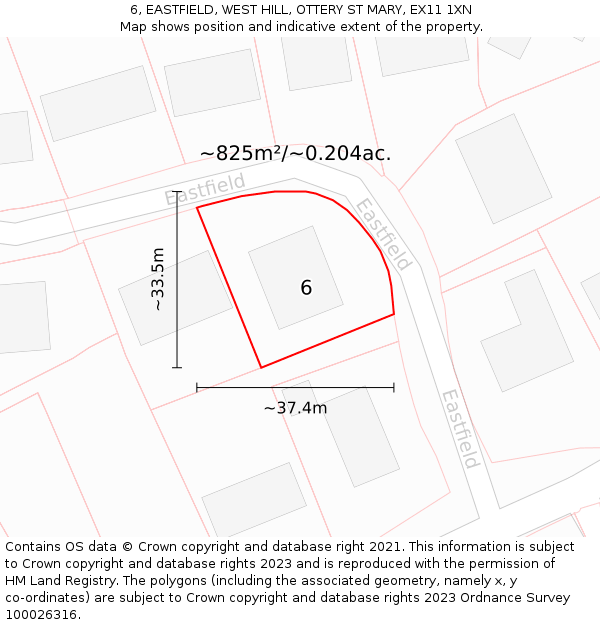 6, EASTFIELD, WEST HILL, OTTERY ST MARY, EX11 1XN: Plot and title map