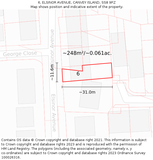 6, ELSINOR AVENUE, CANVEY ISLAND, SS8 9PZ: Plot and title map