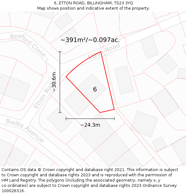 6, ETTON ROAD, BILLINGHAM, TS23 3YQ: Plot and title map