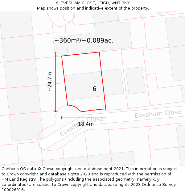 6, EVESHAM CLOSE, LEIGH, WN7 3NX: Plot and title map