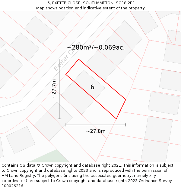 6, EXETER CLOSE, SOUTHAMPTON, SO18 2EF: Plot and title map