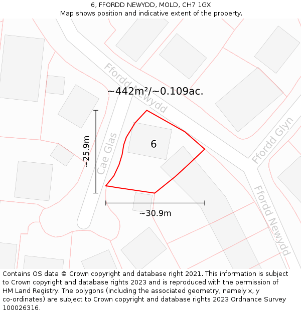 6, FFORDD NEWYDD, MOLD, CH7 1GX: Plot and title map