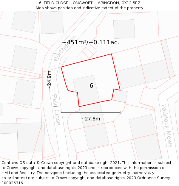 6, FIELD CLOSE, LONGWORTH, ABINGDON, OX13 5EZ: Plot and title map