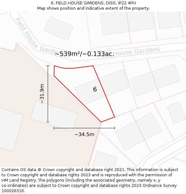 6, FIELD HOUSE GARDENS, DISS, IP22 4PH: Plot and title map