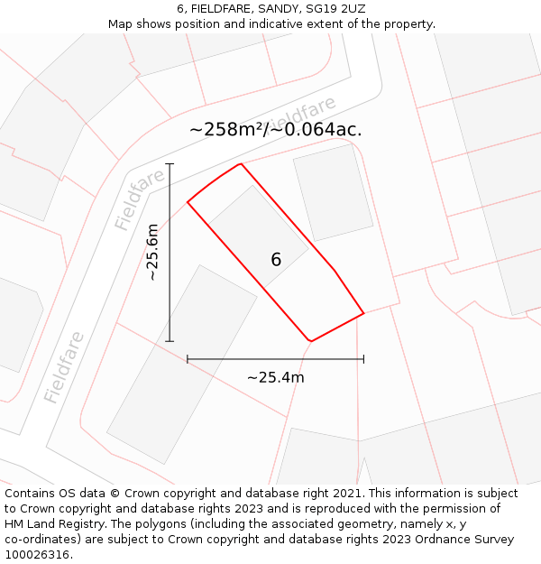 6, FIELDFARE, SANDY, SG19 2UZ: Plot and title map