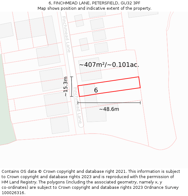 6, FINCHMEAD LANE, PETERSFIELD, GU32 3PF: Plot and title map