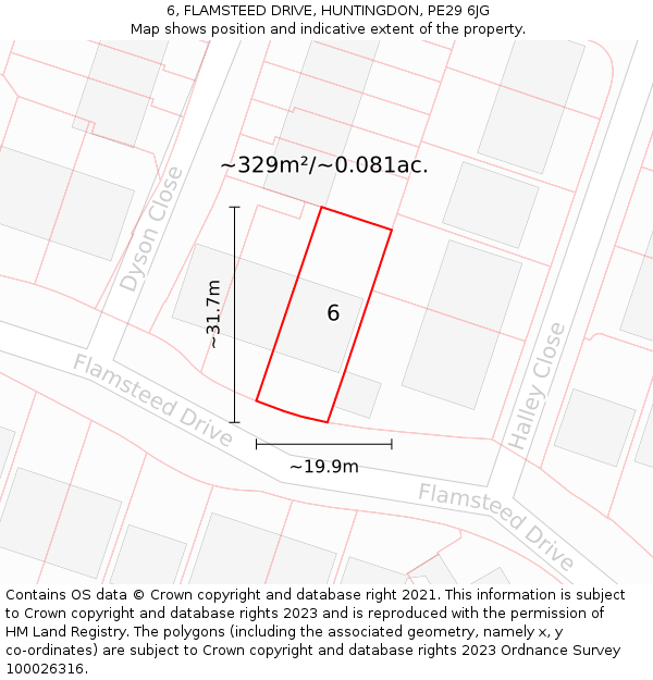 6, FLAMSTEED DRIVE, HUNTINGDON, PE29 6JG: Plot and title map