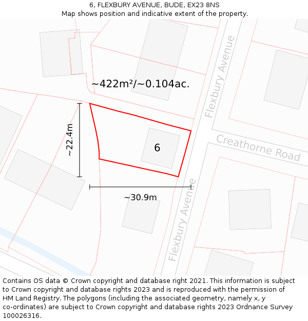 6, FLEXBURY AVENUE, BUDE, EX23 8NS: Plot and title map