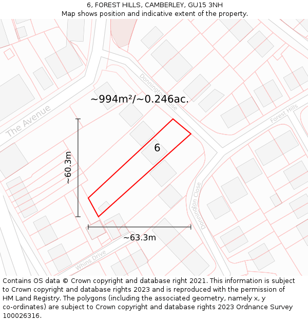 6, FOREST HILLS, CAMBERLEY, GU15 3NH: Plot and title map