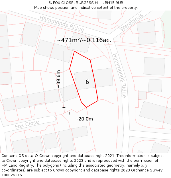 6, FOX CLOSE, BURGESS HILL, RH15 9UR: Plot and title map