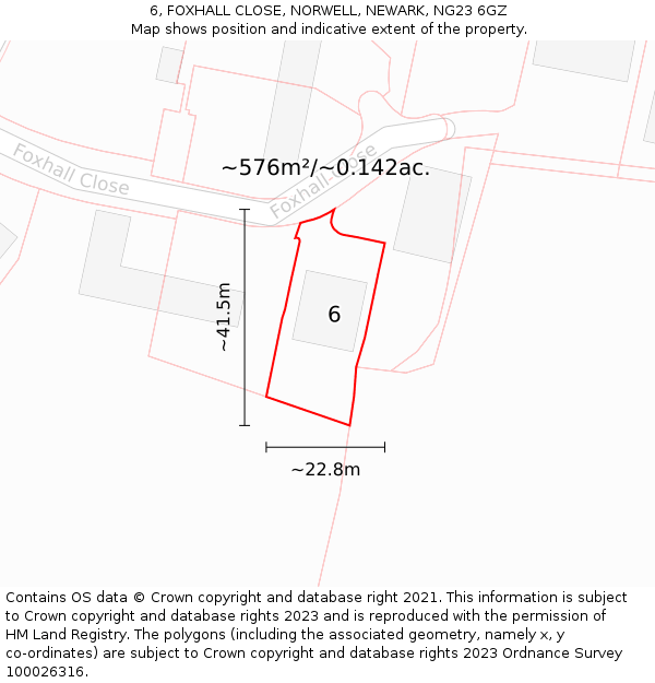 6, FOXHALL CLOSE, NORWELL, NEWARK, NG23 6GZ: Plot and title map