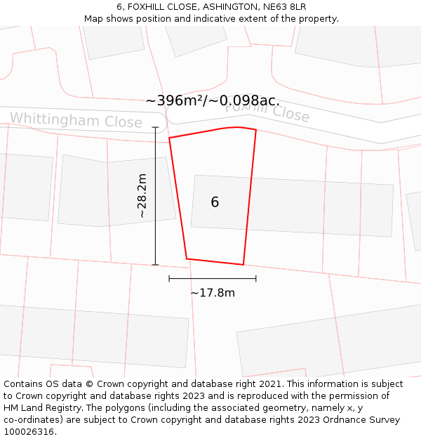 6, FOXHILL CLOSE, ASHINGTON, NE63 8LR: Plot and title map