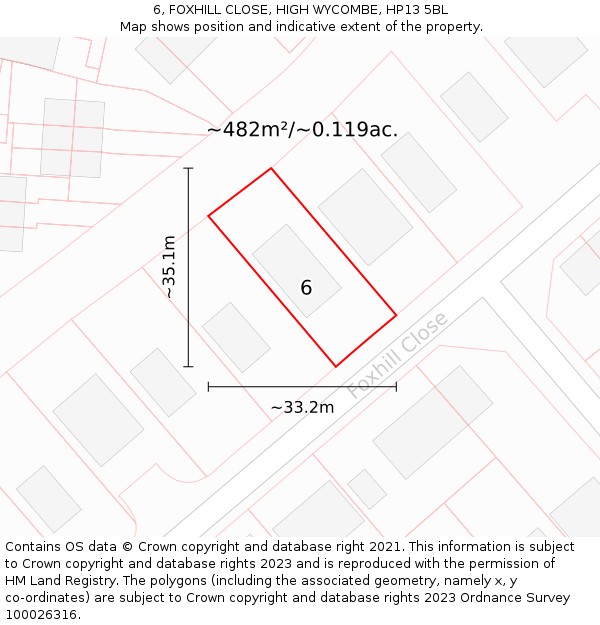 6, FOXHILL CLOSE, HIGH WYCOMBE, HP13 5BL: Plot and title map