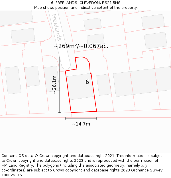 6, FREELANDS, CLEVEDON, BS21 5HS: Plot and title map