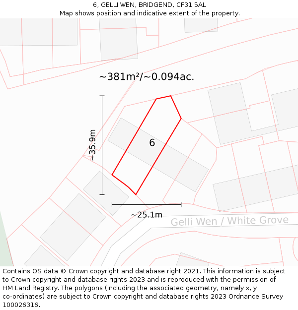 6, GELLI WEN, BRIDGEND, CF31 5AL: Plot and title map