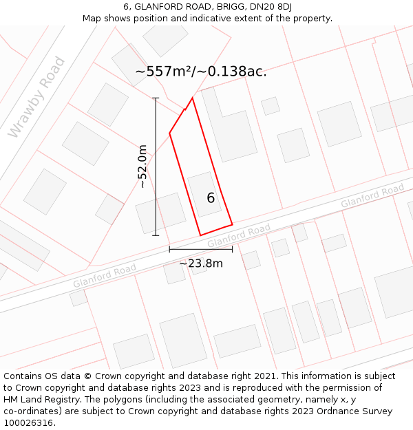 6, GLANFORD ROAD, BRIGG, DN20 8DJ: Plot and title map