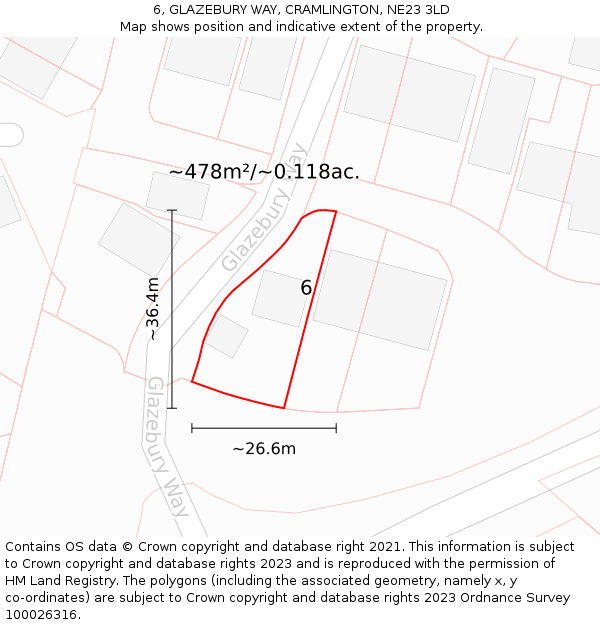 6, GLAZEBURY WAY, CRAMLINGTON, NE23 3LD: Plot and title map