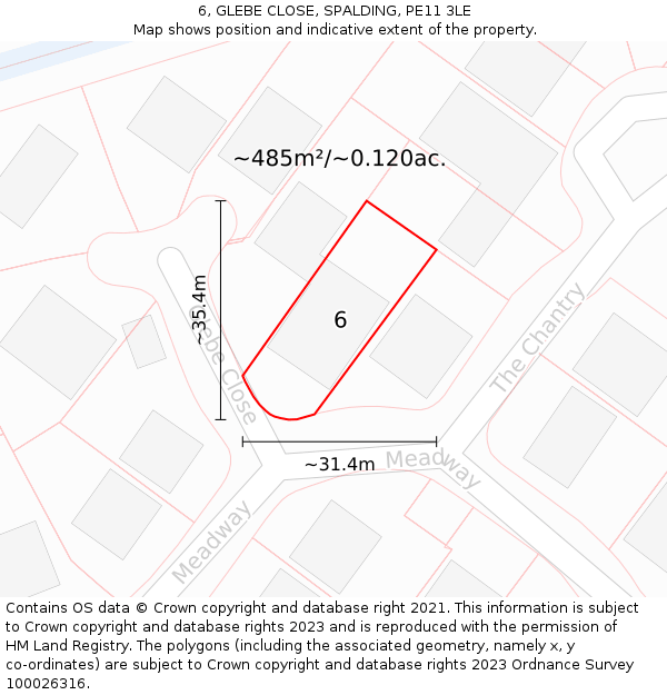 6, GLEBE CLOSE, SPALDING, PE11 3LE: Plot and title map