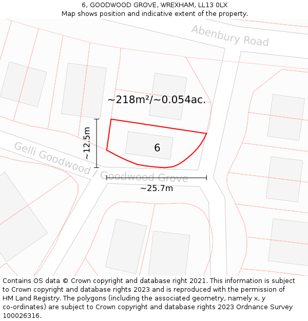 6, GOODWOOD GROVE, WREXHAM, LL13 0LX: Plot and title map