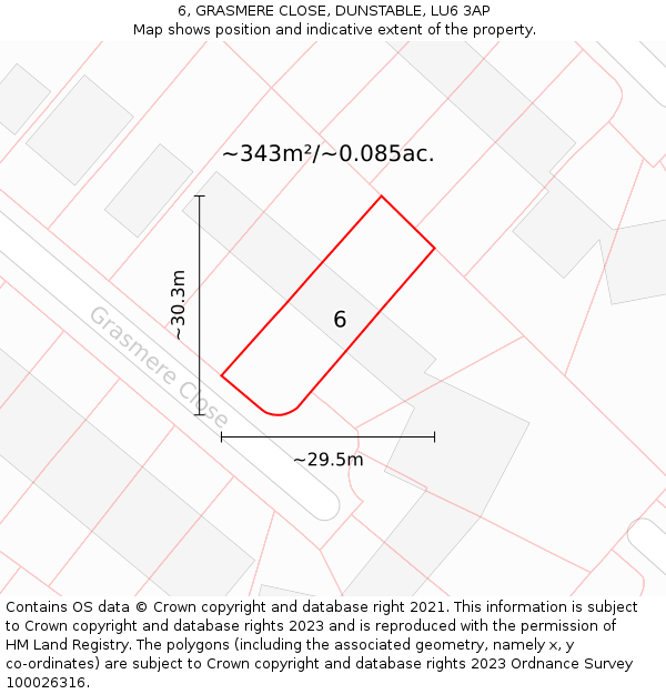 6, GRASMERE CLOSE, DUNSTABLE, LU6 3AP: Plot and title map