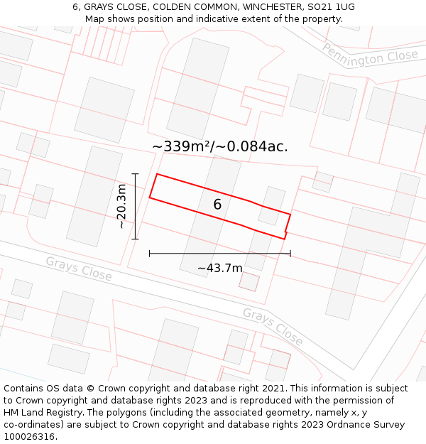 6, GRAYS CLOSE, COLDEN COMMON, WINCHESTER, SO21 1UG: Plot and title map