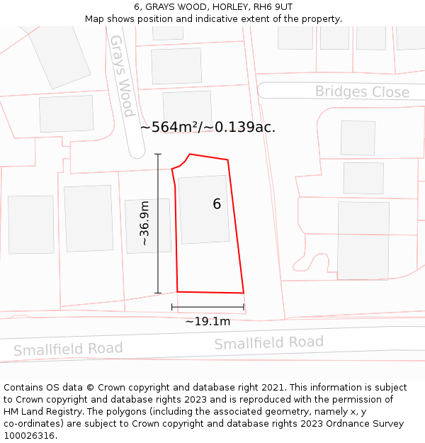 6, GRAYS WOOD, HORLEY, RH6 9UT: Plot and title map