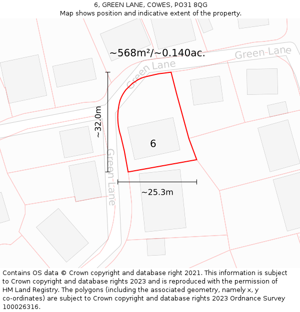 6, GREEN LANE, COWES, PO31 8QG: Plot and title map