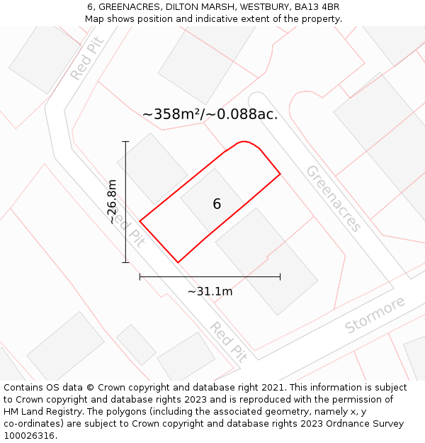 6, GREENACRES, DILTON MARSH, WESTBURY, BA13 4BR: Plot and title map