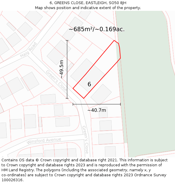 6, GREENS CLOSE, EASTLEIGH, SO50 8JH: Plot and title map