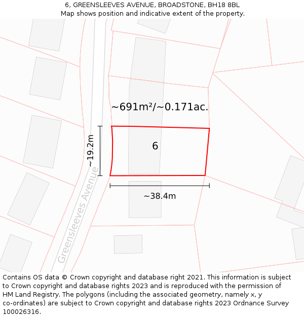 6, GREENSLEEVES AVENUE, BROADSTONE, BH18 8BL: Plot and title map