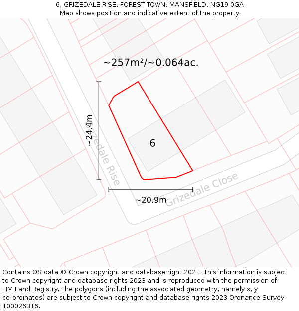 6, GRIZEDALE RISE, FOREST TOWN, MANSFIELD, NG19 0GA: Plot and title map