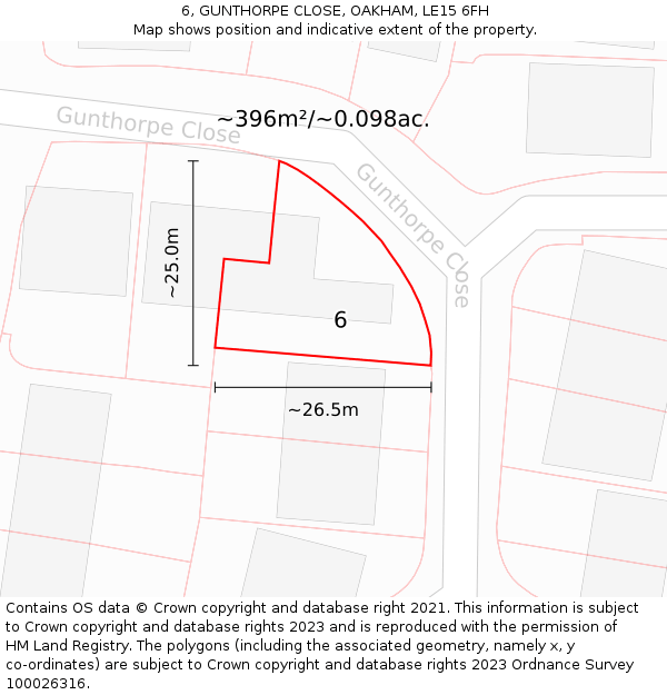 6, GUNTHORPE CLOSE, OAKHAM, LE15 6FH: Plot and title map