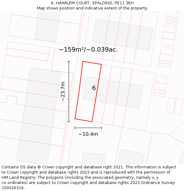6, HAARLEM COURT, SPALDING, PE11 3EH: Plot and title map