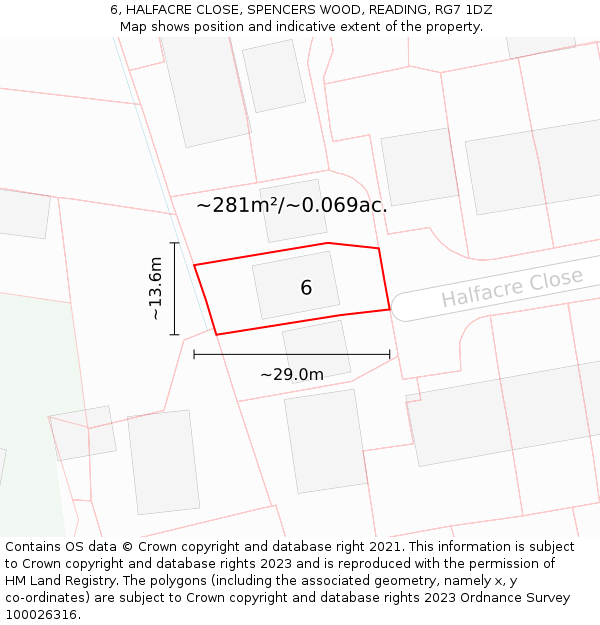 6, HALFACRE CLOSE, SPENCERS WOOD, READING, RG7 1DZ: Plot and title map