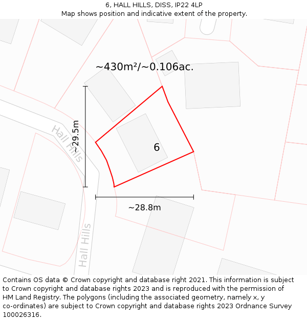 6, HALL HILLS, DISS, IP22 4LP: Plot and title map