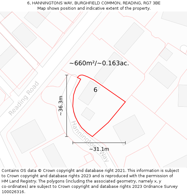 6, HANNINGTONS WAY, BURGHFIELD COMMON, READING, RG7 3BE: Plot and title map